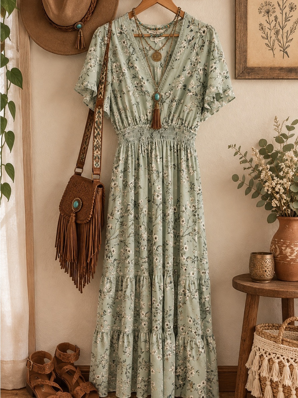 Max Studio Sage Green Floral Maxi Dress